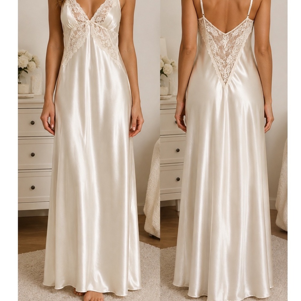 Jonquil by Diane Samandi Cream Satin Lace Slip Nightgown M Vintage BEL020 Ivory